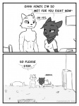 2016 anthro bite biting_lip biting_own_lip canid canine canisfidelis clothed clothing comic digital_drawing_(artwork) digital_media_(artwork) domestic_cat duo english_text eye_contact felid feline felis female fur humor looking_at_another male mammal monochrome self_bite smile speech_bubble text topless watermark
