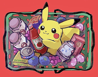 :3 anthro brown_eyes canned_food food fruit high-angle_view ketchup looking_at_viewer male moomoo_milk oran_berry pecha_berry plant pokemon_berry razz_berry shopping_basket solo tail yellow_body 1south3927 nintendo pokemon generation_1_pokemon magikarp pikachu pokemon_(species) 2021 hi_res