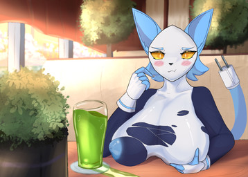 anthro areola aroused beverage big_breasts biped blue_areola blue_nipples blue_tail blush blush_stickers breasts cafe clothing container cup dress drinking_glass female furniture glass glass_container glass_cup glowing glowing_eyes huge_breasts looking_at_viewer machine mostly_nude nipples solo table tail torn_clothing torn_dress unusual_anatomy unusual_tail wardrobe_malfunction yellow_eyes ratxiao deltarune undertale_(series) tasque_manager felid feline mammal robot robot_anthro digital_drawing_(artwork) digital_media_(artwork) hi_res