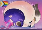 belly belly_expansion big_belly clothing expansion hose hose_in_mouth hose_inflation huge_belly hyper hyper_belly hyper_inflation immobile inflation intersex-inclusive_progress_pride_colors long_tail lying motion_lines on_back onomatopoeia purple_clothing sound_effects swelling tail text toxins tube_bulge afurreak canid canine fox mammal 2024 dated hi_res japanese_text