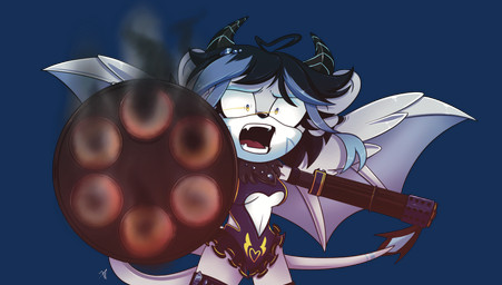 2_tails aiming_at_viewer amber_eyes anthro black_hair blue_markings clothing dress female gatling_gun gun gun_arm gun_smoke hair horn machine_gun markings minigun multi_tail neck_tuft open_mouth ranged_weapon round_ears scared simple_background smoke smoking_gun solo spade_tail tail transparent_background tuft weapon weapon_arm white_body wings pink-like-candy velatis_ferio_caedo unknown_species alpha_channel hi_res