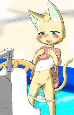 anthro blue_eyes blush bodily_fluids clitoris clothed clothing clothing_lift dress dress_lift female flat_chested fur genital_fluids genitals navel panties panties_down partially_clothed peeing relieved solo standing underwear underwear_down urinal urine urine_stream vulva wet wet_clothing wet_panties wet_underwear yellow_body yellow_fur young young_anthro young_female nikeneko domestic_cat felid feline felis mammal