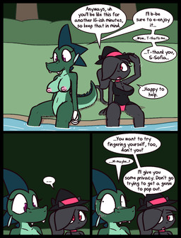 4_fingers anthro big_breasts black_border black_clothing black_dress black_nipples black_nose blush bodily_fluids border breasts choker claws clothing crossgender cute_fangs dialogue dress duo embarrassed eyebrows fangs female finger_claws fingers fur green_body green_scales grey_body grey_fur grey_hair hair hair_over_eye jewelry looking_away looking_up mtf_crossgender necklace nipples panties pink_choker pink_clothing pink_eyes pink_jewelry pink_necklace pink_nipples pink_panties pink_pupils pink_underwear ponytail pupils purple_eyes purple_pupils raised_eyebrow scales smile speech_bubble sweat teeth text underwear white_claws ultilix european_mythology mythology emerald_(ultilix) sofia_(ultilix) domestic_cat dragon felid feline felis mammal mythological_creature mythological_scalie scalie western_dragon 2025 comic english_text hi_res