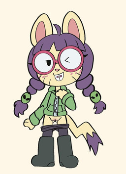 anthro boots braces buckteeth clothing eyewear female footwear genitals glasses hoodie leggings leggings_down legwear looking_at_viewer nerd nude one_eye_closed shoes simple_background smile solo standing tail teeth topwear twintails_(hairstyle) vulva wink young young_anthro young_female ichduhernz poni_(ichduhernz) domestic_cat felid feline felis mammal 2025 hi_res