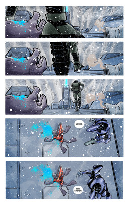 bird's-eye_view blood blood_on_ground blood_on_hand blue_blood bodily_fluids colored_blood death duo eyes_closed full_armor high-angle_view low-angle_view male on_ground speech_bubble text unusual_blood unusual_bodily_fluids john_grosjean halo_(series) microsoft xbox_game_studios master_chief alien human mammal sangheili spartan_(halo) unggoy 5:8 colored comic english_text hi_res