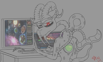anthro computer electronics gaming male solo tired tired_eyes sinyap are_ya_winning_son? cartoon_network mythology steven_universe sinyap_(character) aquatic bovid caprine gem_(species) hybrid mammal mancubus mancubus_(doom) mythological_creature mythological_marine sea_goat absurd_res comic hi_res meme