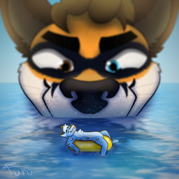 anthro black_ears blue_body blue_eyes blue_fur brown_ears brown_eyes brown_hair brown_inner_ear fur hair looking_at_another lying macro markings micro reflection sea spots spotted_body tongue tongue_out water whiskers white_body white_fur white_hair white_inner_ear yellow_body yellow_fur furo_fur haraak 1:1 2025 absurd_res hi_res watermark