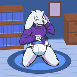 ageplay anthro blush bookshelf clean_diaper clothed clothing covering diaper dresser embarrassed female furniture holding_object holding_pacifier horn infantilism inside kneeling looking_at_viewer one_eye_obstructed pacifier picture_frame roleplay rug solo sweater topwear wearing_diaper extry undertale undertale_(series) toriel bovid caprine goat mammal 1:1 2019 hi_res