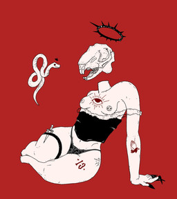 areola barbell_piercing bone breasts clothing dagger eye_tattoo facial_tattoo female feral floating floating_head halo melee_weapon nipple_barbell nipple_piercing nipples piercing red_background simple_background sitting skull skull_head solo spiked_halo tattoo underwear weapon clove_(artist) animal_humanoid humanoid lagomorph lagomorph_humanoid leporid_humanoid mammal mammal_humanoid rabbit_humanoid reptile scalie snake digital_media_(artwork) hi_res