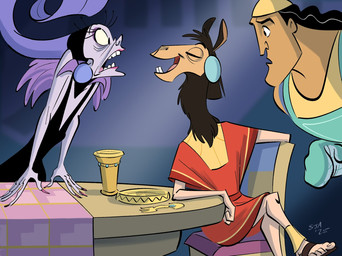 clothed clothing container cup ear_piercing eyes_closed female feral food footwear fur fur_growth furniture goblet group growth headgear headwear inside jewelry kitchen_utensils looking_at_viewer male mid_transformation oblivious open_mouth piercing plate remake sandals shocked shoes table tongue tools transformation trio unaware_transformation wide_eyed wool_(fur) stevehatguy disney the_emperor's_new_groove kronk kuzco yzma camelid human llama mammal concept_art hi_res