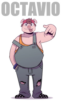 anthro backwards_baseball_cap backwards_hat baseball_cap blep bottomwear bracelet brown_hair clothing finger_gun footwear front_view gesture hair hand_gesture hat headgear headwear jewelry male orange_clothing orange_shirt orange_topwear overalls pink_body red_clothing red_hat red_headwear shirt shoes simple_background solo standing tank_top text tongue tongue_out topwear torn_bottomwear torn_clothing white_background t0l0k octavio_(t0l0k) domestic_pig mammal suid suine sus_(pig) absurd_res character_name digital_media_(artwork) full-length_portrait hi_res portrait