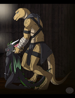 anthro bdsm black_bars blue_eyes bondage bottomwear bound claws clothed clothing collar cuff_(restraint) dominant duo grin handcuffs horn larger_dom loincloth male membrane_(anatomy) membranous_wings metal_cuffs nude restraints scales shackles size_difference slave smile standing tail teeth tongue wings zeta-la-angie european_mythology mythology ismar lizeron dragon lizard mythological_creature mythological_scalie reptile scalie western_dragon 2016 digital_media_(artwork) hi_res letterbox