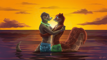 anthro armband blue_eyes brown_body brown_eyes brown_fur clothed clothing countershading day duo eye_contact fur glowstick hug looking_at_another male outside partially_submerged sea side_view sky smile sun topless water white_body white_countershading pelboy mammal mustelid otter rodent sciurid tree_squirrel digital_media_(artwork)
