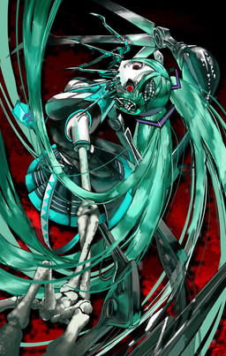 3_fingers accessory black_bottomwear black_clothing black_skirt bone bottomwear breasts carrying_another clothed clothing cosplay crazy_eyes duo electronics female feral fingers hair headphones heterochromia horror_(theme) long_hair looking_at_viewer machine mechanical_arm mechanical_leg medium_breasts metal necktie not_furry_focus on_head open_clothing open_shirt open_topwear pleated_skirt red_background red_eyes scary shirt simple_background skeletal_arm skirt teal_hair teal_necktie topwear twintails_(hairstyle) wire dg3fd vocaloid yamaha_corporation calne_ca hatsune_miku nato-kun arthropod crustacean humanoid isopod malacostracan robot robot_humanoid digital_drawing_(artwork) digital_media_(artwork) hi_res