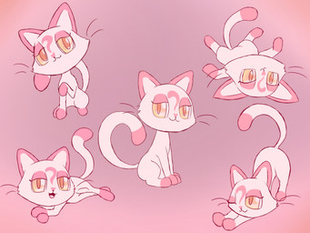 female fur lying multiple_poses pink_body pink_fur pose simple_background sitting solo white_body yellow_eyes shatterstone anon anyan_(labbit) domestic_cat felid feline felis mammal 4:3 hi_res