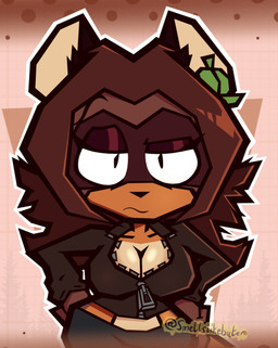 annoyed anthro big_breasts bottomwear breasts brown_background brown_body brown_fur brown_hair cleavage clothed clothing eyebrows female fist fur hair half-closed_eyes hands_on_hips huge_breasts jacket leaf leaf_on_head long_hair looking_at_viewer narrowed_eyes outline pants pointy_ears raised_eyebrow simple_background solo tail thick_thighs topwear unimpressed unzipped white_outline wide_hips zipper smellslikebuter ash_(buxy) canid canine mammal raccoon_dog tanuki absurd_res digital_media_(artwork) hi_res signature