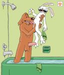 anthro anthro_on_anthro balls bath bathroom bathtub big_ears biohazard_(artist) bodily_fluids brown_body brown_fur canid canine canis carrying_another domestic_dog drooling duo erection eyes_closed fellatio fur genitals inside lagomorph larger_male larger_penetrated leporid licking male male/male male_penetrated male_penetrating male_penetrating_male mammal max_(sam_and_max) navel nude open_mouth oral oral_penetration penetration penile penis penis_lick rabbit saliva sam_and_max samuel_dog sex shower shower_head simple_background size_difference smaller_male soap stand_and_carry_position standing standing_sex tongue tongue_out toony washcloth water wet white_body white_fur