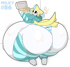 belly big_belly big_butt biped blush breasts butt clothed clothing eyebrows feet female food holding_object huge_belly huge_butt huge_hips huge_thighs hyper hyper_belly kneeling legwear looking_back not_furry open_mouth pantsless rear_view simple_background solo text thick_thighs topwear underwear white_background white_body wide_hips zaclyn nintendo pokemon milky_(milkyeightysix) generation_3_pokemon humanoid jirachi legendary_pokemon pokemon_(species) 2025 digital_media_(artwork) hi_res