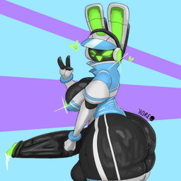 anthro areola balls big_balls big_breasts big_butt big_penis blue_clothing blue_jacket blue_topwear bodily_fluids breast_out breasts butt clothed clothing cum cum_drip dripping electronics erection fingers genital_fluids genitals green_eyes gynomorph headgear headphones headset huge_butt huge_penis huge_thighs intersex jacket machine nipples nude penis simple_background smile solo text thick_thighs topwear koreobiscuit project_turboblast tempo_(project_turboblast) animal_humanoid humanoid lagomorph leporid mammal rabbit robot 1:1 2026 artist_name colored digital_drawing_(artwork) digital_media_(artwork) signature