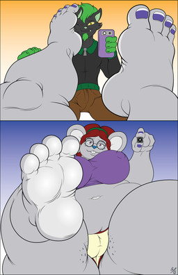 2_panel_comic anthro barefoot breasts bulge camel_toe camera camera_view clothing colored_nails duo electronics eyewear facial_hair feet female first_person_view foot_fetish foot_focus foot_on_face freckles glasses goatee green_hair hair humanoid_feet male male/female nails navel overweight overweight_female panties phone plantigrade soles technology thick_calves thick_thighs toes underwear wrinkled_feet wrinkles 50percentgrey penny_provolone tommy_mallix domestic_cat felid feline felis mammal mouse murid murine rodent wood_mouse hi_res signature