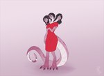 2022 3_heads anthro barefoot black_hair breasts clothed clothing digital_media_(artwork) digitigrade dress european_mythology feet female greek_mythology green_eyes hair hydra multi_head mythology open_mouth pink_body pink_scales red_clothing red_dress scales scalie sepisnake simple_background smile solo standing tail