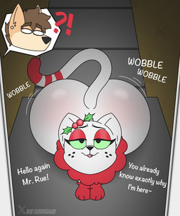 anthro big_butt black_nose brown_hair butt cartoon_freckles dialogue dipstick_tail doorstep duo exclamation_point eyeshadow female female_feral feral fur green_sclera hair half-closed_eyes holly_(plant) huge_butt leg_markings makeup male male_anthro markings motion_lines narrowed_eyes offscreen_character plant question_mark red_eyeshadow red_markings red_tail_tip shaking_butt socks_(marking) tail tail_markings tan_body tan_fur text white_body white_fur white_tail wobbling_butt rue_cunningham junipurr rue_(rue_cunningham) canid canine canis domestic_cat domestic_dog felid feline felis mammal 2024 5:6 digital_media_(artwork) english_text hi_res