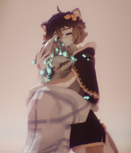 anthro black_bottomwear black_cloak black_clothing black_hair black_shorts blue_claws blue_hair_tips bottomwear calm claws cloak clothing comforting dark_hair dark_markings duo face_on_chest femboy femboy/femboy fluffy fluffy_hair fur glowing glowing_claws glowing_hair_tips gold_(metal) gold_jewelry gradient_background gradient_hair grey_body grey_fur grey_hair hair hug hugging_another jewelry male male/male markings peaceful shirt shorts simple_background stitch_(sewing) t-shirt topwear warm warm_lighting white_body white_clothing white_fur white_shirt white_t-shirt white_topwear pestbudmax max_(pestbudmax) rudy_(katsucoffee) domestic_cat felid feline felis mammal chromatic_aberration hi_res warm_colors