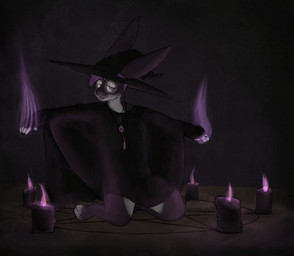 ambiguous_gender anthro black_nails body_outline candle charm_(jewelry) clothing colored_nails crystal drapery_(clothing) glowing glowing_eyes hat headgear headwear hexagram kneeling magic magic_circle magic_user nails poncho purple_flames ritual solo spellcasting symbol tongue tongue_out witch_hat cielvonaefenleoht ciel_(cielvonaefenleoht) hare lagomorph leporid mammal rabbit snowshoe_hare nonbinary_(lore)