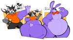 ambiguous_gender anthro antlers belly big_belly big_butt big_hands bottomwear bow_(feature) bow_tie buckteeth butt clothed clothing ear_piercing eyeshadow female fur hair hoof_hands hooves horn huge_butt lips machine makeup obese obese_ambiguous open_mouth overweight overweight_ambiguous overweight_anthro piercing ring_piercing simple_background solo species_transformation tail teeth text thick_bottom_lip thick_thighs topwear torn_clothing transformation weight_gain wide_hips boot_(artist) five_nights_at_freddy's scottgames bonnie_(fnaf) ty_(qweave) animatronic deer lagomorph leporid mammal rabbit robot 2023 digital_media_(artwork) english_text hi_res