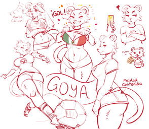 annoyed anthro athlete ball big_breasts big_butt bodily_fluids bottomwear bra_through_clothing breasts butt clothed clothing crossed_arms dialogue female footwear frown grin hotpants looking_at_viewer looking_away mascot mexican_flag multiple_poses pose raised_clothing raised_shirt raised_topwear shirt shoes shorts smile sneakers soccer soccer_ball solo sport sun sweat talking_to_viewer text thick_thighs tongue tongue_out topwear translucent translucent_clothing translucent_shirt translucent_topwear yellow_card zevulpes club_universidad_nacional evil_container liga_mx goya_(pumas_unam) cougar felid feline mammal 2026 absurd_res hi_res meme sketch_page spanish_text