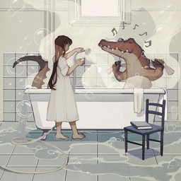 anthro assisted_bathing bath bathing bathroom book bubble chair clothing dress duo eyes_closed female furniture hose male musical_note musical_symbol spiked_tail spikes spikes_(anatomy) steam symbol tail tile towel water window rt0no crocodile crocodilian human mammal reptile scalie 1:1 digital_media_(artwork) digital_painting_(artwork) painting_(artwork)