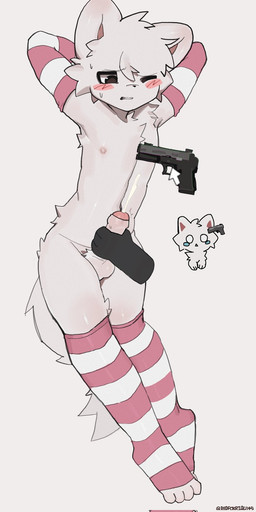 ambiguous_gender anthro arm_warmers armwear balls blush bodily_fluids clothed clothing cum disembodied_hand duo ejaculation forced forced_orgasm foreskin genital_fluids genitals gun gun_to_head gunpoint handgun handjob humanoid_genitalia humanoid_penis legwear male male/ambiguous nipples orgasm partially_clothed pattern_clothing pattern_legwear pattern_thigh_highs penile penis pistol pointing_gun_at_another questionable_consent ranged_weapon sex striped_clothing striped_legwear striped_thigh_highs stripes sweat tears thigh_highs threatening_with_weapon weapon redfoxrice1145 silly_cat_(mauzymice) domestic_cat felid feline felis humanoid mammal hi_res