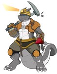 anthro armor black_clothing blue_eyes clothed clothing curved_horn engineer_(disambiguation) engineer_(factorio) factorio flask gloves grey_body grey_clothing grey_scales handwear hard_hat headgear headlamp helmet hi_res holding_object holding_tool horn kardukk knee_pads kobold lamp looking_away male midriff orange_clothing pickaxe reptile scales scalie see-saw simple_background solo tools white_background white_body white_scales wube_software yellow_clothing