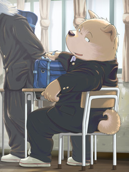 anthro backpack bottomwear brown_body brown_fur classroom clothing detailed_background duo fur humanoid_hands inside kemono male overweight overweight_anthro overweight_male pants school shirt sitting topwear kyasyuu canid canine canis domestic_dog mammal 2017 hi_res