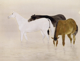 ambiguous_gender black_body black_eyes black_fur brown_body brown_fur drinking drinking_water feral fur group multicolored_body multicolored_fur quadruped snout standing tail trio walking water white_body white_fur kawasaki_tadashi public_domain equid equine horse mammal ancient_art hi_res painting_(artwork) traditional_media_(artwork)