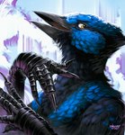 5_fingers anthro beak biped black_beak blue_body blue_feathers claws feathers fingers male nose_beak open_mouth scuted_arms scutes smile solo yellow_eyes finbeard avian bird 2023 absurd_res colored hi_res signature