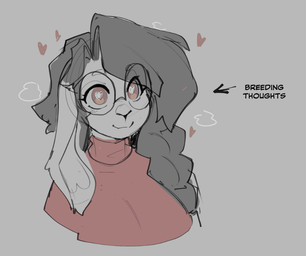 anthro biped breasts closed_smile clothed clothing directional_arrow eyebrows eyelashes eyewear female floppy_ears glasses grey_background hair heart_eyes heart_symbol mouth_closed simple_background smile solo text topwear inu-sama lagomorph leporid mammal rabbit