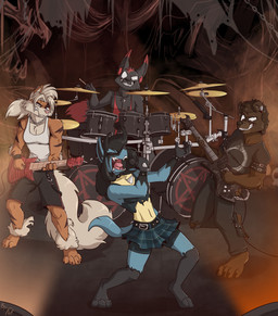 ankle_tuft anthro bass_drum bass_guitar biped black_body black_bottomwear black_clothing black_crop_top black_hair black_markings black_nose black_shirt black_shorts black_topwear blue_body bottomwear bracelet breasts brown_body chain_necklace cheek_tuft chest_spike claws clothed clothing countershade_face countershade_torso countershading crop_top cymbals digitigrade drum drum_set ear_piercing electric_guitar electronics eyebrow_piercing eyebrows eyes_closed facial_markings facial_piercing facial_tuft female fluffy fluffy_tail front_view gloves_(marking) grin group guitar hair hand_spike head_markings hi-hat holding_guitar holding_microphone holding_musical_instrument holding_object jewelry leg_markings leg_tuft lip_piercing male markings mask_(marking) microphone midriff musical_instrument navel necklace open_mouth orange_body ouroboros pattern_bottomwear pattern_clothing pattern_skirt percussion_instrument piercing pink_nose plaid plaid_bottomwear plaid_clothing plaid_skirt playing_drum playing_guitar playing_music plucked_string_instrument rocking_out shirt shorts singing skirt small_breasts smile snare_drum socks_(marking) spiked_bracelet spikes spikes_(anatomy) standing string_instrument tail tan_body tan_countershading tank_top teeth toe_claws tom_drum tongue topwear tuft white_clothing white_hair white_shirt white_tank_top white_topwear yellow_body yellow_countershading fuf nintendo pokemon arcanine bear canid canine fox generation_1_pokemon generation_4_pokemon lucario mammal pokemon_(species) 2019 absurd_res hi_res