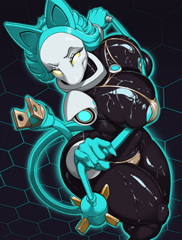 ambiguous_fluids anthro big_breasts blue_hair bra breasts clothing cord_tail female hair looking_at_viewer machine smile thong underwear whip yellow_eyes hamili deltarune undertale_(series) tasque_manager darkner felid feline mammal robot 2025 detailed digital_drawing_(artwork) digital_media_(artwork) half-length_portrait hi_res portrait