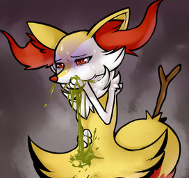 3_fingers anthro arm_tuft biped black_body black_fur bodily_fluids breasts cheek_bulge cheek_tuft chest_tuft covering covering_mouth covering_own_mouth covering_self dipstick_tail eyebrows facial_tuft featureless_breasts female female_anthro fingers fluffy fluffy_tail front_view fur hand_on_own_belly hip_tuft inner_ear_fluff markings multicolored_body multicolored_fur narrowed_eyes nude nude_anthro nude_female object_in_tail orange_body orange_eyes orange_fur orange_inner_ear_fluff orange_nose orange_tail_tip pointy_ears prick_ears raised_inner_eyebrows shoulder_tuft simple_background small_breasts solo standing stick stick_in_tail sweat sweatdrop tail tail_markings tapering_snout three-quarter_view tuft two_tone_tail vomit vomiting white_body white_fur yellow_body yellow_fur 4chan_anon nintendo pokemon yume_nikki madotsuki braixen canid generation_6_pokemon mammal pokemon_(species) 2014 colored digital_drawing_(artwork) digital_media_(artwork) half-length_portrait low_res meme portrait reaction_image redraw shaded