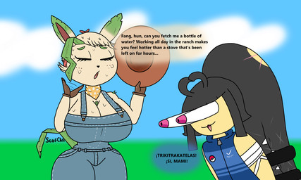 anthro big_breasts breasts clothing duo female freckled_face freckles jacket male overalls pokeball stare staring_at_chest text topwear scor-chii nintendo pokemon fang_(scor-chii) malon_(gammainks) eeveelution generation_3_pokemon generation_4_pokemon leafeon mawile pokemon_(species) artist_name english_text hi_res spanish_text