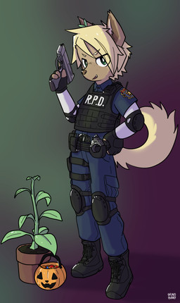 anthro blonde_hair blue_clothing blue_suit clothed clothed_male clothing fully_clothed fully_clothed_male gradient_background green_eyes gun hair handgun holding_gun holding_handgun holding_object holding_pistol holding_ranged_weapon holding_weapon jack-o'-lantern male pistol plant plant_pot police police_uniform potted_plant ranged_weapon simple_background smile solo suit tail tan_tail uniform weapon bravobunny canid canine canis domestic_dog mammal full-length_portrait hi_res portrait
