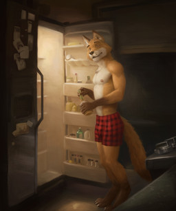 anthro appliance areola boxers_(clothing) boxers_only bulge clothed clothing container digitigrade feet fingers food fridge fur holding_container holding_object kitchen kitchen_appliance looking_at_viewer male midnight_snack nipples pecs smile solo standing tail toes topless topless_anthro topless_male underwear underwear_only orcfun canid canine canis fox mammal 5:6 digital_media_(artwork) hi_res
