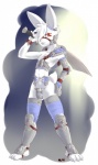 anthro armor biped bulge clothed clothing convincing_weapon femboy fur hair hand_on_hip legwear looking_at_viewer male melee_weapon nipples red_eyes simple_background skimpy solo standing stockings sword unconvincing_armor warrior weapon white_background white_body white_fur white_hair wide_hips kuni lagomorph leporid mammal rabbit hi_res