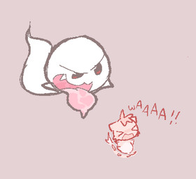 ambiguous_gender anthro blush chasing duo fangs grey_background imminent_vore one_eye_closed open_mouth open_smile pink_tongue simple_background smile teeth tongue white_body qwishiflavor mario_bros nintendo boo_(mario) ghost spirit 2025