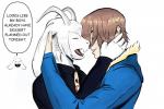 anthro brown_hair caressing clothing duo fur hair hand_on_ear heart_symbol horn hug intimate kissing male male/male open_mouth romantic romantic_couple simple_background text tongue touching_ear white_background white_body white_fur evelmanian undertale undertale_(series) asriel_dreemurr frisk_(undertale) toriel boss_monster_(undertale) bovid caprine goat human mammal 2015 english_text hi_res