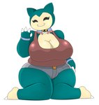 anthro anthrofied big_breasts blue_body bottomwear bracelet breasts clothing collar eyes_closed fangs female generation_1_pokemon hi_res huge_breasts jewelry mammal nintendo pokeball pokeball_collar pokemon pokemon_(species) pokemorph shirt shorts simple_background slightly_chubby slightly_chubby_female smile snorlax solo teeth thick_thighs topwear ultra_ball urusee584 white_background wide_hips