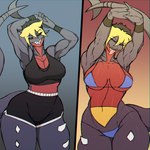 anthro bikini bra clothing female muscular solo sports_bra sportswear stretching swimwear triangle_bikini two-piece_swimsuit underwear infamous_alpha nintendo pokemon garchomp generation_4_pokemon pokemon_(species) 1:1 absurd_res hi_res