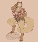 anthro big_breasts bottomwear breasts brown_body brown_fur clothed clothing conditional_dnp cutoffs daisy_(disambiguation) daisy_dukes denim denim_bottomwear denim_clothing digital_media_(artwork) eyewear female fur gulonine hiking hotpants huge_breasts looking_at_viewer maeve_(fluffcat) mammal marten mustelid musteline oouna plaid shorts solo stripes sunglasses tail