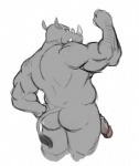 anthro biceps biped butt flaccid flexing genitals grey_body grey_eyes grey_penis grey_skin hand_on_hip horn humanoid_genitalia humanoid_penis looking_at_viewer looking_back male muscular muscular_anthro muscular_male nude penis pose rear_view simple_background solo standing tail tail_tuft teeth tuft vein veiny_penis white_background wkd teenage_mutant_ninja_turtles rocksteady mammal rhinoceros greyscale monochrome portrait three-quarter_portrait